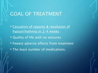 GOAL OF TREATMENT
• Cessation of spasms & resolution of
hypsarrhythmia in 2-4 weeks
• Quality of life with no seizures
• Fewest adverse effects from treatment
• The least number of medications.
 