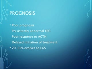 PROGNOSIS
• Poor prognosis
Persistently abnormal EEG
Poor response to ACTH
Delayed initiation of treatment.
• 20-25% evolves to LGS
 