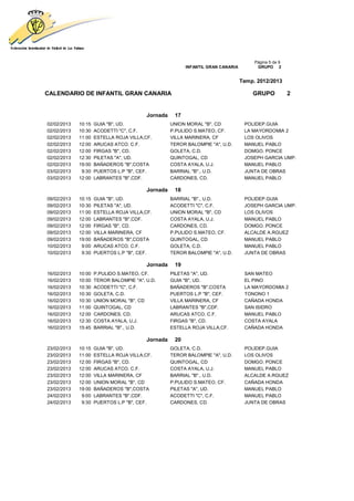 Página 5 de 9
                                                         INFANTIL GRAN CANARIA         GRUPO 2


                                                                                 Temp. 2012/2013

CALENDARIO DE INFANTIL GRAN CANARIA                                                  GRUPO            2


                                         Jornada    17
02/02/2013   10:15   GUIA "B", UD.                 UNION MORAL "B", CD            POLIDEP.GUIA
02/02/2013   10:30   ACODETTI "C", C.F.            P.PULIDO S.MATEO, CF.          LA MAYORDOMIA 2
02/02/2013   11:00   ESTELLA ROJA VILLA,CF.        VILLA MARINERA, CF             LOS OLIVOS
02/02/2013   12:00   ARUCAS ATCO. C.F.             TEROR BALOMPIE "A", U.D.       MANUEL PABLO
02/02/2013   12:00   FIRGAS "B", CD.               GOLETA, C.D.                   DOMGO. PONCE
02/02/2013   12:30   PILETAS "A", UD.              QUINTOGAL, CD                  JOSEPH GARCIA UMP.
02/02/2013   19:00   BAÑADEROS "B",COSTA           COSTA AYALA, U.J.              MANUEL PABLO
03/02/2013    9:30   PUERTOS L.P "B", CEF.         BARRIAL "B"., U.D.             JUNTA DE OBRAS
03/02/2013   12:00   LABRANTES "B",CDF.            CARDONES, CD.                  MANUEL PABLO

                                         Jornada    18
09/02/2013   10:15   GUIA "B", UD.                 BARRIAL "B"., U.D.             POLIDEP.GUIA
09/02/2013   10:30   PILETAS "A", UD.              ACODETTI "C", C.F.             JOSEPH GARCIA UMP.
09/02/2013   11:00   ESTELLA ROJA VILLA,CF.        UNION MORAL "B", CD            LOS OLIVOS
09/02/2013   12:00   LABRANTES "B",CDF.            COSTA AYALA, U.J.              MANUEL PABLO
09/02/2013   12:00   FIRGAS "B", CD.               CARDONES, CD.                  DOMGO. PONCE
09/02/2013   12:00   VILLA MARINERA, CF            P.PULIDO S.MATEO, CF.          ALCALDE A.RGUEZ
09/02/2013   19:00   BAÑADEROS "B",COSTA           QUINTOGAL, CD                  MANUEL PABLO
10/02/2013    9:00   ARUCAS ATCO. C.F.             GOLETA, C.D.                   MANUEL PABLO
10/02/2013    9:30   PUERTOS L.P "B", CEF.         TEROR BALOMPIE "A", U.D.       JUNTA DE OBRAS

                                         Jornada    19
16/02/2013   10:00   P.PULIDO S.MATEO, CF.         PILETAS "A", UD.               SAN MATEO
16/02/2013   10:00   TEROR BALOMPIE "A", U.D.      GUIA "B", UD.                  EL PINO
16/02/2013   10:30   ACODETTI "C", C.F.            BAÑADEROS "B",COSTA            LA MAYORDOMIA 2
16/02/2013   10:30   GOLETA, C.D.                  PUERTOS L.P "B", CEF.          TONONO 1
16/02/2013   10:30   UNION MORAL "B", CD           VILLA MARINERA, CF             CAÑADA HONDA
16/02/2013   11:00   QUINTOGAL, CD                 LABRANTES "B",CDF.             SAN ISIDRO
16/02/2013   12:00   CARDONES, CD.                 ARUCAS ATCO. C.F.              MANUEL PABLO
16/02/2013   12:30   COSTA AYALA, U.J.             FIRGAS "B", CD.                COSTA AYALA
16/02/2013   15:45   BARRIAL "B"., U.D.            ESTELLA ROJA VILLA,CF.         CAÑADA HONDA

                                         Jornada    20
23/02/2013   10:15   GUIA "B", UD.                 GOLETA, C.D.                   POLIDEP.GUIA
23/02/2013   11:00   ESTELLA ROJA VILLA,CF.        TEROR BALOMPIE "A", U.D.       LOS OLIVOS
23/02/2013   12:00   FIRGAS "B", CD.               QUINTOGAL, CD                  DOMGO. PONCE
23/02/2013   12:00   ARUCAS ATCO. C.F.             COSTA AYALA, U.J.              MANUEL PABLO
23/02/2013   12:00   VILLA MARINERA, CF            BARRIAL "B"., U.D.             ALCALDE A.RGUEZ
23/02/2013   12:00   UNION MORAL "B", CD           P.PULIDO S.MATEO, CF.          CAÑADA HONDA
23/02/2013   19:00   BAÑADEROS "B",COSTA           PILETAS "A", UD.               MANUEL PABLO
24/02/2013    9:00   LABRANTES "B",CDF.            ACODETTI "C", C.F.             MANUEL PABLO
24/02/2013    9:30   PUERTOS L.P "B", CEF.         CARDONES, CD.                  JUNTA DE OBRAS
 