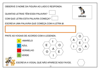 31
OBSERVE O NOME DA FIGURA AO LADO E RESPONDA:
QUANTAS LETRAS TÊM ESSA PALAVRA?
COM QUE LETRA ESTA PALAVRA COMEÇA?
ESCREVA UMA PALAVRA QUE COMEÇA.COM A LETRA U.
PINTE AS VOGAIS DE ACORDO COM A LEGENDA.
AMARELO
AZUL
VERMELHO
VERDE
ESCREVA A VOGAL QUE NÃO APARECE NOS FAVOS.
URUBU
A
E
O
I
E
I
A
E
O
O
I
I
O
A
I
A
E
O
 