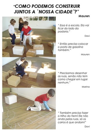 “ Essa é a escola. Ela vai
ficar do lado da
padaria.”
Davi
“ Então precisa colocar
o posto de gasolina
também.”
Mauren
“ Precisamos desenhar
as ruas, senão não tem
como chegar em lugar
nenhum.”
Marina
“ Também precisa fazer
o trilho do trem! Ele não
anda pelas ruas, só os
carros é que andam!”
Davi
 