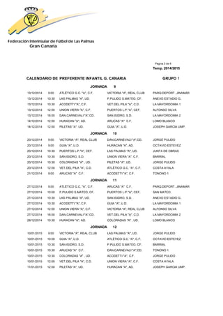 Federación Interinsular de Fútbol de Las Palmas 
Gran Canaria 
Página 3 de 8 
Temp. 2014/2015 
CALENDARIO DE PREFERENTE INFANTIL G. CANARIA GRUPO 1 
JORNADA 9 
13/12/2014 9:00 ATLÉTICO G.C. "A", C.F. VICTORIA "A", REAL CLUB PARQ.DEPORT. JINAMAR 
13/12/2014 10:30 LAS PALMAS "A", UD. P.PULIDO S.MATEO, CF. ANEXO ESTADIO G. 
13/12/2014 10:30 ACODETTI "A", C.F. VET.DEL PILA "A", C.D. LA MAYORDOMIA 1 
13/12/2014 12:00 UNION VIERA "A", C.F. PUERTOS L.P."A", CEF. ALFONSO SILVA 
13/12/2014 18:00 DAN.CARNEVALI "A",CD. SAN ISIDRO, S.D. LA MAYORDOMIA 2 
14/12/2014 12:00 HURACAN "A", AD. ARUCAS "A" C.F. LOMO BLANCO 
14/12/2014 12:00 PILETAS "A", UD. GUIA "A", U.D. JOSEPH GARCIA UMP. 
JORNADA 10 
20/12/2014 9:00 VICTORIA "A", REAL CLUB DAN.CARNEVALI "A",CD. JORGE PULIDO 
20/12/2014 9:00 GUIA "A", U.D. HURACAN "A", AD. OCTAVIO ESTEVEZ 
20/12/2014 10:30 PUERTOS L.P."A", CEF. LAS PALMAS "A", UD. JUNTA DE OBRAS 
20/12/2014 10:30 SAN ISIDRO, S.D. UNION VIERA "A", C.F. BARRIAL 
20/12/2014 10:30 COLORADAS "A" , UD. PILETAS "A", UD. JORGE PULIDO 
20/12/2014 12:00 VET.DEL PILA "A", C.D. ATLÉTICO G.C. "A", C.F. COSTA AYALA 
21/12/2014 9:00 ARUCAS "A" C.F. ACODETTI "A", C.F. TONONO 1 
JORNADA 11 
27/12/2014 9:00 ATLÉTICO G.C. "A", C.F. ARUCAS "A" C.F. PARQ.DEPORT. JINAMAR 
27/12/2014 10:00 P.PULIDO S.MATEO, CF. PUERTOS L.P."A", CEF. SAN MATEO 
27/12/2014 10:30 LAS PALMAS "A", UD. SAN ISIDRO, S.D. ANEXO ESTADIO G. 
27/12/2014 10:30 ACODETTI "A", C.F. GUIA "A", U.D. LA MAYORDOMIA 1 
27/12/2014 12:00 UNION VIERA "A", C.F. VICTORIA "A", REAL CLUB ALFONSO SILVA 
27/12/2014 18:00 DAN.CARNEVALI "A",CD. VET.DEL PILA "A", C.D. LA MAYORDOMIA 2 
28/12/2014 10:30 HURACAN "A", AD. COLORADAS "A" , UD. LOMO BLANCO 
JORNADA 12 
10/01/2015 9:00 VICTORIA "A", REAL CLUB LAS PALMAS "A", UD. JORGE PULIDO 
10/01/2015 10:00 GUIA "A", U.D. ATLÉTICO G.C. "A", C.F. OCTAVIO ESTEVEZ 
10/01/2015 10:30 SAN ISIDRO, S.D. P.PULIDO S.MATEO, CF. BARRIAL 
10/01/2015 10:30 ARUCAS "A" C.F. DAN.CARNEVALI "A",CD. TONONO 1 
10/01/2015 10:30 COLORADAS "A" , UD. ACODETTI "A", C.F. JORGE PULIDO 
10/01/2015 12:00 VET.DEL PILA "A", C.D. UNION VIERA "A", C.F. COSTA AYALA 
11/01/2015 12:00 PILETAS "A", UD. HURACAN "A", AD. JOSEPH GARCIA UMP. 
 
