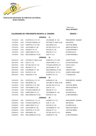 Federación Interinsular de Fútbol de Las Palmas 
Gran Canaria 
Página 4 de 8 
Temp. 2014/2015 
CALENDARIO DE PREFERENTE INFANTIL G. CANARIA GRUPO 1 
JORNADA 13 
17/01/2015 9:00 ATLÉTICO G.C. "A", C.F. COLORADAS "A" , UD. PARQ.DEPORT. JINAMAR 
17/01/2015 10:00 P.PULIDO S.MATEO, CF. VICTORIA "A", REAL CLUB SAN MATEO 
17/01/2015 10:30 PUERTOS L.P."A", CEF. SAN ISIDRO, S.D. JUNTA DE OBRAS 
17/01/2015 10:30 LAS PALMAS "A", UD. VET.DEL PILA "A", C.D. ANEXO ESTADIO G. 
17/01/2015 10:30 ACODETTI "A", C.F. PILETAS "A", UD. LA MAYORDOMIA 1 
17/01/2015 12:00 UNION VIERA "A", C.F. ARUCAS "A" C.F. ALFONSO SILVA 
17/01/2015 18:00 DAN.CARNEVALI "A",CD. GUIA "A", U.D. LA MAYORDOMIA 2 
JORNADA 14 
24/01/2015 9:00 VICTORIA "A", REAL CLUB PUERTOS L.P."A", CEF. JORGE PULIDO 
24/01/2015 9:00 GUIA "A", U.D. UNION VIERA "A", C.F. OCTAVIO ESTEVEZ 
24/01/2015 12:00 VET.DEL PILA "A", C.D. P.PULIDO S.MATEO, CF. COSTA AYALA 
24/01/2015 12:00 ARUCAS "A" C.F. LAS PALMAS "A", UD. TONONO 1 
24/01/2015 16:00 COLORADAS "A" , UD. DAN.CARNEVALI "A",CD. JORGE PULIDO 
25/01/2015 10:30 PILETAS "A", UD. ATLÉTICO G.C. "A", C.F. JOSEPH GARCIA UMP. 
25/01/2015 10:30 HURACAN "A", AD. ACODETTI "A", C.F. P. GONÇALVEZ 
JORNADA 15 
31/01/2015 9:00 ATLÉTICO G.C. "A", C.F. HURACAN "A", AD. PARQ.DEPORT. JINAMAR 
31/01/2015 10:30 SAN ISIDRO, S.D. VICTORIA "A", REAL CLUB BARRIAL 
31/01/2015 10:30 PUERTOS L.P."A", CEF. VET.DEL PILA "A", C.D. JUNTA DE OBRAS 
31/01/2015 10:30 LAS PALMAS "A", UD. GUIA "A", U.D. ANEXO ESTADIO G. 
31/01/2015 12:00 P.PULIDO S.MATEO, CF. ARUCAS "A" C.F. SAN MATEO 
31/01/2015 18:00 UNION VIERA "A", C.F. COLORADAS "A" , UD. ALFONSO SILVA 
31/01/2015 18:00 DAN.CARNEVALI "A",CD. PILETAS "A", UD. LA MAYORDOMIA 2 
JORNADA 16 
07/02/2015 9:00 ATLÉTICO G.C. "A", C.F. ACODETTI "A", C.F. PARQ.DEPORT. JINAMAR 
07/02/2015 10:00 P.PULIDO S.MATEO, CF. GUIA "A", U.D. SAN MATEO 
07/02/2015 10:30 UNION VIERA "A", C.F. PILETAS "A", UD. ALFONSO SILVA 
07/02/2015 10:30 LAS PALMAS "A", UD. COLORADAS "A" , UD. ANEXO ESTADIO G. 
07/02/2015 10:30 PUERTOS L.P."A", CEF. ARUCAS "A" C.F. JUNTA DE OBRAS 
07/02/2015 10:30 SAN ISIDRO, S.D. VET.DEL PILA "A", C.D. BARRIAL 
07/02/2015 18:00 DAN.CARNEVALI "A",CD. HURACAN "A", AD. LA MAYORDOMIA 2 
 