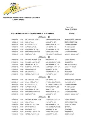 Federación Interinsular de Fútbol de Las Palmas 
Gran Canaria 
Página 6 de 8 
Temp. 2014/2015 
CALENDARIO DE PREFERENTE INFANTIL G. CANARIA GRUPO 1 
JORNADA 21 
14/03/2015 9:00 ATLÉTICO G.C. "A", C.F. P.PULIDO S.MATEO, CF. PARQ.DEPORT. JINAMAR 
14/03/2015 10:00 GUIA "A", U.D. ARUCAS "A" C.F. OCTAVIO ESTEVEZ 
14/03/2015 10:30 ACODETTI "A", C.F. PUERTOS L.P."A", CEF. LA MAYORDOMIA 1 
14/03/2015 10:30 HURACAN "A", AD. SAN ISIDRO, S.D. P. GONÇALVEZ 
14/03/2015 12:00 COLORADAS "A" , UD. VET.DEL PILA "A", C.D. JORGE PULIDO 
14/03/2015 18:00 DAN.CARNEVALI "A",CD. LAS PALMAS "A", UD. LA MAYORDOMIA 2 
15/03/2015 12:00 PILETAS "A", UD. VICTORIA "A", REAL CLUB JOSEPH GARCIA UMP. 
JORNADA 22 
21/03/2015 9:00 VICTORIA "A", REAL CLUB HURACAN "A", AD. JORGE PULIDO 
21/03/2015 10:00 P.PULIDO S.MATEO, CF. DAN.CARNEVALI "A",CD. SAN MATEO 
21/03/2015 10:30 LAS PALMAS "A", UD. UNION VIERA "A", C.F. ANEXO ESTADIO G. 
21/03/2015 10:30 PUERTOS L.P."A", CEF. ATLÉTICO G.C. "A", C.F. JUNTA DE OBRAS 
21/03/2015 10:30 SAN ISIDRO, S.D. ACODETTI "A", C.F. BARRIAL 
21/03/2015 10:30 ARUCAS "A" C.F. COLORADAS "A" , UD. TONONO 1 
21/03/2015 12:00 VET.DEL PILA "A", C.D. PILETAS "A", UD. COSTA AYALA 
JORNADA 23 
28/03/2015 9:00 ATLÉTICO G.C. "A", C.F. SAN ISIDRO, S.D. PARQ.DEPORT. JINAMAR 
28/03/2015 10:30 UNION VIERA "A", C.F. P.PULIDO S.MATEO, CF. ALFONSO SILVA 
28/03/2015 10:30 ACODETTI "A", C.F. VICTORIA "A", REAL CLUB LA MAYORDOMIA 1 
28/03/2015 10:30 HURACAN "A", AD. VET.DEL PILA "A", C.D. P. GONÇALVEZ 
28/03/2015 12:00 COLORADAS "A" , UD. GUIA "A", U.D. JORGE PULIDO 
28/03/2015 18:00 DAN.CARNEVALI "A",CD. PUERTOS L.P."A", CEF. LA MAYORDOMIA 2 
29/03/2015 10:30 PILETAS "A", UD. ARUCAS "A" C.F. JOSEPH GARCIA UMP. 
JORNADA 24 
11/04/2015 9:00 VICTORIA "A", REAL CLUB ATLÉTICO G.C. "A", C.F. JORGE PULIDO 
11/04/2015 10:00 GUIA "A", U.D. PILETAS "A", UD. OCTAVIO ESTEVEZ 
11/04/2015 10:30 PUERTOS L.P."A", CEF. UNION VIERA "A", C.F. JUNTA DE OBRAS 
11/04/2015 10:30 SAN ISIDRO, S.D. DAN.CARNEVALI "A",CD. BARRIAL 
11/04/2015 10:30 ARUCAS "A" C.F. HURACAN "A", AD. TONONO 1 
11/04/2015 12:00 P.PULIDO S.MATEO, CF. LAS PALMAS "A", UD. SAN MATEO 
11/04/2015 12:00 VET.DEL PILA "A", C.D. ACODETTI "A", C.F. COSTA AYALA 
 