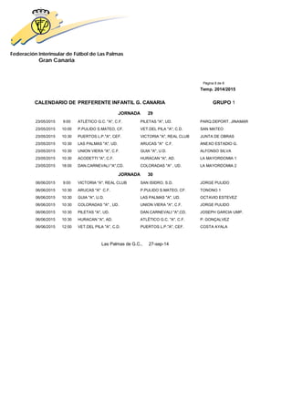 Federación Interinsular de Fútbol de Las Palmas 
Gran Canaria 
Página 8 de 8 
Temp. 2014/2015 
CALENDARIO DE PREFERENTE INFANTIL G. CANARIA GRUPO 1 
JORNADA 29 
23/05/2015 9:00 ATLÉTICO G.C. "A", C.F. PILETAS "A", UD. PARQ.DEPORT. JINAMAR 
23/05/2015 10:00 P.PULIDO S.MATEO, CF. VET.DEL PILA "A", C.D. SAN MATEO 
23/05/2015 10:30 PUERTOS L.P."A", CEF. VICTORIA "A", REAL CLUB JUNTA DE OBRAS 
23/05/2015 10:30 LAS PALMAS "A", UD. ARUCAS "A" C.F. ANEXO ESTADIO G. 
23/05/2015 10:30 UNION VIERA "A", C.F. GUIA "A", U.D. ALFONSO SILVA 
23/05/2015 10:30 ACODETTI "A", C.F. HURACAN "A", AD. LA MAYORDOMIA 1 
23/05/2015 18:00 DAN.CARNEVALI "A",CD. COLORADAS "A" , UD. LA MAYORDOMIA 2 
JORNADA 30 
06/06/2015 9:00 VICTORIA "A", REAL CLUB SAN ISIDRO, S.D. JORGE PULIDO 
06/06/2015 10:30 ARUCAS "A" C.F. P.PULIDO S.MATEO, CF. TONONO 1 
06/06/2015 10:30 GUIA "A", U.D. LAS PALMAS "A", UD. OCTAVIO ESTEVEZ 
06/06/2015 10:30 COLORADAS "A" , UD. UNION VIERA "A", C.F. JORGE PULIDO 
06/06/2015 10:30 PILETAS "A", UD. DAN.CARNEVALI "A",CD. JOSEPH GARCIA UMP. 
06/06/2015 10:30 HURACAN "A", AD. ATLÉTICO G.C. "A", C.F. P. GONÇALVEZ 
06/06/2015 12:00 VET.DEL PILA "A", C.D. PUERTOS L.P."A", CEF. COSTA AYALA 
Las Palmas de G.C., 27-sep-14 
