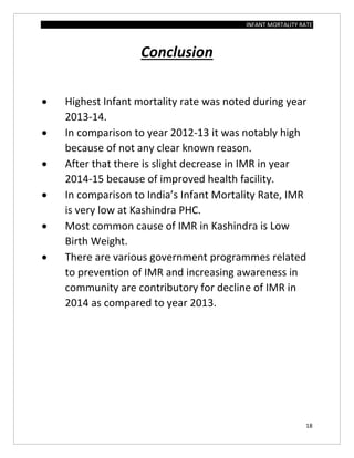 INFANT MORTALITY RATE
18
Conclusion
 Highest Infant mortality rate was noted during year
2013-14.
 In comparison to year 2012-13 it was notably high
because of not any clear known reason.
 After that there is slight decrease in IMR in year
2014-15 because of improved health facility.
 In comparison to India’s Infant Mortality Rate, IMR
is very low at Kashindra PHC.
 Most common cause of IMR in Kashindra is Low
Birth Weight.
 There are various government programmes related
to prevention of IMR and increasing awareness in
community are contributory for decline of IMR in
2014 as compared to year 2013.
 