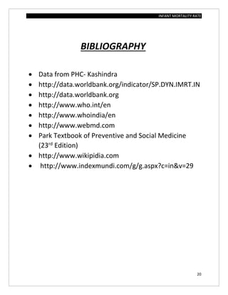 INFANT MORTALITY RATE
20
BIBLIOGRAPHY
 Data from PHC- Kashindra
 http://data.worldbank.org/indicator/SP.DYN.IMRT.IN
 http://data.worldbank.org
 http://www.who.int/en
 http://www.whoindia/en
 http://www.webmd.com
 Park Textbook of Preventive and Social Medicine
(23rd
Edition)
 http://www.wikipidia.com
 http://www.indexmundi.com/g/g.aspx?c=in&v=29
 