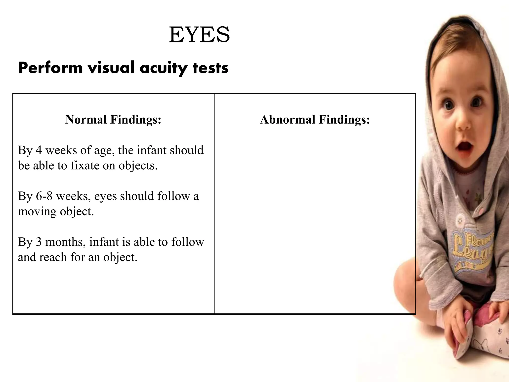 EYES
Normal Findings:
By 4 weeks of age, the infant should
be able to fixate on objects.
By 6-8 weeks, eyes should follow a
moving object.
By 3 months, infant is able to follow
and reach for an object.
Abnormal Findings:
Perform visual acuity tests
 