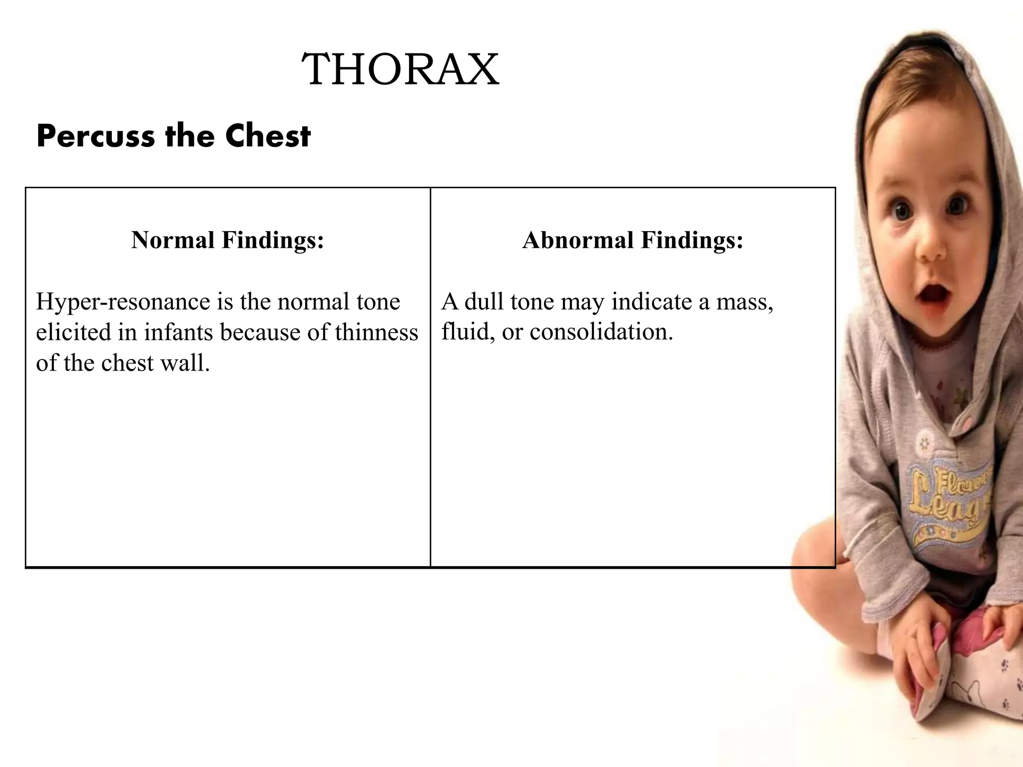 THORAX
Normal Findings:
Hyper-resonance is the normal tone
elicited in infants because of thinness
of the chest wall.
Abnormal Findings:
A dull tone may indicate a mass,
fluid, or consolidation.
Percuss the Chest
 
