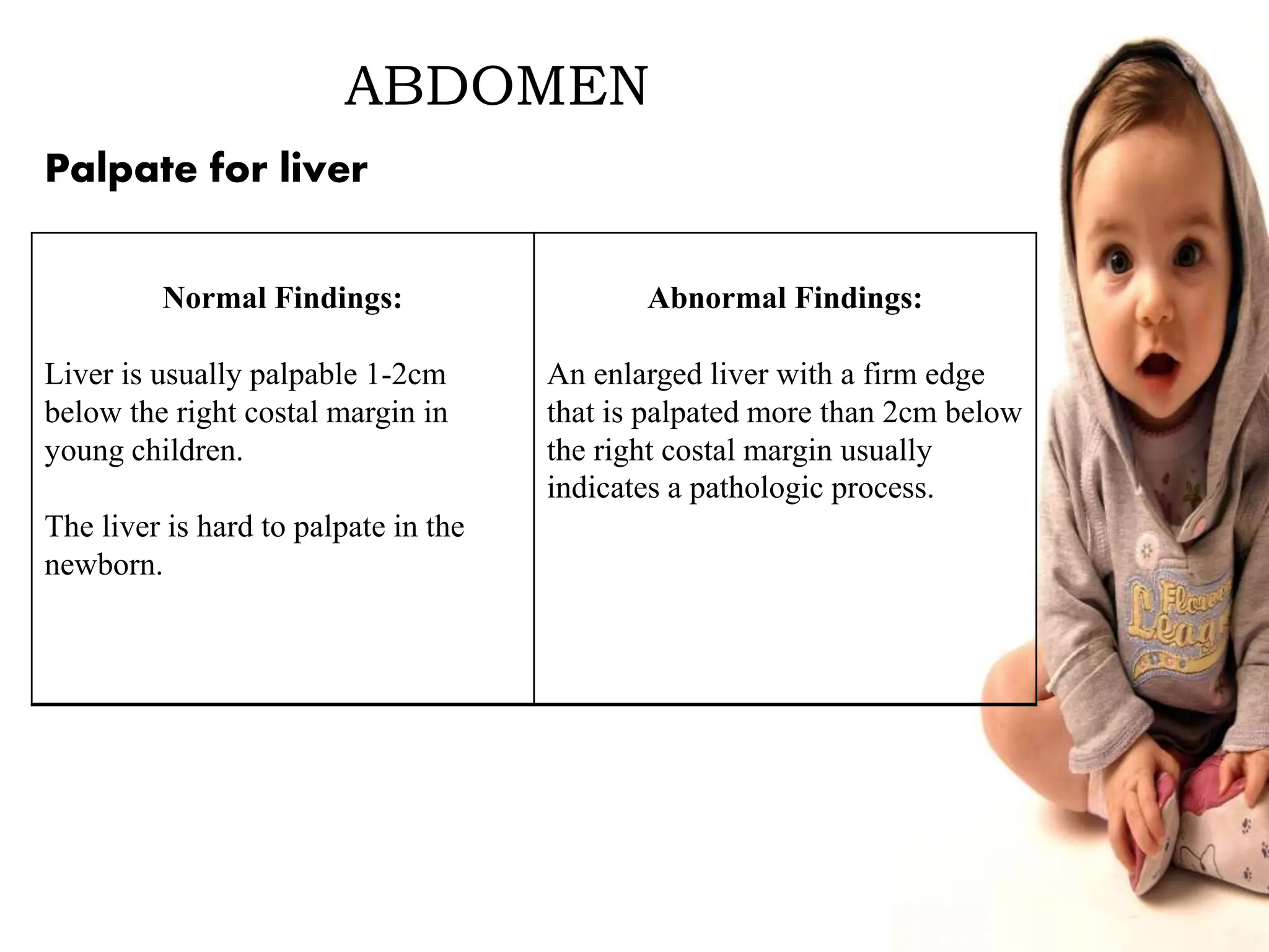 ABDOMEN
Normal Findings:
Liver is usually palpable 1-2cm
below the right costal margin in
young children.
The liver is hard to palpate in the
newborn.
Abnormal Findings:
An enlarged liver with a firm edge
that is palpated more than 2cm below
the right costal margin usually
indicates a pathologic process.
Palpate for liver
 