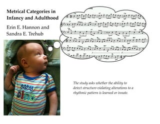 Metrical Categories in
Infancy and Adulthood
Erin E. Hannon and
Sandra E. Trehub




                         The study asks whether the ability to
                         detect structure-violating alterations to a
                         rhythmic pattern is learned or innate.
 