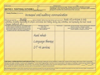 1Increased oral/auditory communicationBuddyBuddy will participate in daily activities, including responding to simple commands, turn-taking during play activities, and expressing his basic needs (hunger, bathroom, etc.).Aural rehabLanguage therapyDT-H services