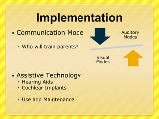 ImplementationCommunication ModeWho will train parents?Assistive TechnologyHearing AidsCochlear ImplantsUse and Maintenance