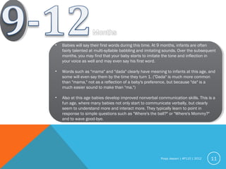 Pooja Jassani | AP110 | 2012 11
• Babies will say their first words during this time. At 9 months, infants are often
fairly talented at multi-syllable babbling and imitating sounds. Over the subsequent
months, you may find that your baby starts to imitate the tone and inflection in
your voice as well and may even say his first word.
• Words such as "mama" and "dada" clearly have meaning to infants at this age, and
some will even say them by the time they turn 1. ("Dada" is much more common
than "mama," not as a reflection of a baby's preference, but because "da" is a
much easier sound to make than "ma.")
• Also at this age babies develop improved nonverbal communication skills. This is a
fun age, where many babies not only start to communicate verbally, but clearly
seem to understand more and interact more. They typically learn to point in
response to simple questions such as "Where's the ball?" or "Where's Mommy?"
and to wave good-bye.
• Babies will say their first words during this time. At 9 months, infants are often
fairly talented at multi-syllable babbling and imitating sounds. Over the subsequent
months, you may find that your baby starts to imitate the tone and inflection in
your voice as well and may even say his first word.
• Words such as "mama" and "dada" clearly have meaning to infants at this age, and
some will even say them by the time they turn 1. ("Dada" is much more common
than "mama," not as a reflection of a baby's preference, but because "da" is a
much easier sound to make than "ma.")
• Also at this age babies develop improved nonverbal communication skills. This is a
fun age, where many babies not only start to communicate verbally, but clearly
seem to understand more and interact more. They typically learn to point in
response to simple questions such as "Where's the ball?" or "Where's Mommy?"
and to wave good-bye.
 