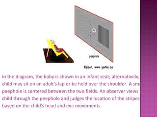In the diagram, the baby is shown in an infant seat; alternatively, the 
  child may sit on an adult's lap or be held over the shoulder. A small 
  peephole is centered between the two fields. An observer views the 


  child through the peephole and judges the location of the stripes 
  based on the child's head and eye movements.
 