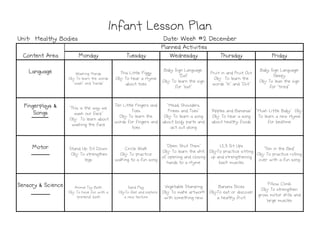 Monday
Monday
Monday
Monday Tuesday
Tuesday
Tuesday
Tuesday Wednesday
Wednesday
Wednesday
Wednesday Thursday
Thursday
Thursday
Thursday Friday
Friday
Friday
Friday
Language
Language
Language
Language Washing Hands
Obj: To learn the words
"wash" and "hands"
This Little Piggy
Obj: To hear a rhyme
about toes
Baby Sign Language.
"Eat"
Obj: To learn the sign
for "eat"
Fruit in and Fruit Out
Obj: To learn the
words "In" and "Out"
Baby Sign Language:
Sleepy
Obj: To lean the sign
for "tired"
Fingerplays &
Fingerplays &
Fingerplays &
Fingerplays &
Songs
Songs
Songs
Songs
"This is the way we
wash our face"
Obj: To learn about
washing the face
Ten Little Fingers and
Toes
Obj: To learn the
words for fingers and
toes
"Head, Shoulders,
Knees and Toes"
Obj: To learn a song
about body parts and
act out along
"Apples and Bananas"
Obj: To hear a song
about healthy foods
"Hush Little Baby" Obj:
To learn a new rhyme
for bedtime
Infant Lesson Plan
Infant Lesson Plan
Infant Lesson Plan
Infant Lesson Plan
Planned Activities
Planned Activities
Planned Activities
Planned Activities
Content Area
Content Area
Content Area
Content Area
Date: Week #2 December
Date: Week #2 December
Date: Week #2 December
Date: Week #2 December
Unit: Healthy Bodies
Unit: Healthy Bodies
Unit: Healthy Bodies
Unit: Healthy Bodies
washing the face
toes act out along
Motor
Motor
Motor
Motor Stand Up, Sit Down
Obj: To strengthen
legs
Circle Walk
Obj: To practice
walking to a fun song
"Open, Shut Them"
Obj: To learn the skill
of opening and closing
hands to a rhyme
1,2,3 Sit Ups
Obj:To practice sitting
up and strengthening
back muscles
"Ten in the Bed"
Obj: To practice rolling
over with a fun song
Sensory & Science
Sensory & Science
Sensory & Science
Sensory & Science Animal Toy Bath
Obj: To have fun with a
"pretend" bath
Sand Play
Obj:To feel and explore
a new texture
Vegetable Stamping
Obj: To make artwork
with something new
Banana Slices
Obj:To eat or discover
a healthy fruit
Pillow Climb
Obj: To strengthen
gross motor skills and
large muscles
 