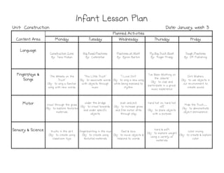 Monday
Monday
Monday
Monday Tuesday
Tuesday
Tuesday
Tuesday Wednesday
Wednesday
Wednesday
Wednesday Thursday
Thursday
Thursday
Thursday Friday
Friday
Friday
Friday
Language
Language
Language
Language
Construction Zone
By: Tana Hoban
Big Road Machines
By: Caterpillar
Machines at Work
By: Byron Barton
My Big Truck Book
By: Roger Priddy
Tough Machines
By: DK Publishing
Fingerplays &
Fingerplays &
Fingerplays &
Fingerplays &
Songs
Songs
Songs
Songs
"The Wheels on the
Truck"
Obj: to sing a familiar
song with new words
"This Little Truck"
Obj: to associate words
with objects through
music
""I Love Dirt"
Obj: to sing a new song
while being exposed to
rhythm
"I've Been Working on
the Jobsite"
Obj: to clap and
participate in a group
music experience
Dirt Shakers
Obj: to use objects in
our environment to
create sound
Motor
Motor
Motor
Motor crawl through the grass
Obj: to explore textured
materials
under the bridge
Obj: to crawl towards
and under specific
objects
push and pull
Obj: to increase gross
and fine motor skills
through play
hard hat on, hard hat
off
Obj: to place objects
with a purpose
Hide the Truck…
Obj: to demonstrate
object permanence
Sensory & Science
Sensory & Science
Sensory & Science
Sensory & Science trucks in the dirt
Obj: to create using
classroom toys
fingerpainting in the mud
Obj: to create using
textured materials
fast & slow
Obj: to move objects &
respond to words
hard & soft
Obj: to explore weight
using a variety of
materials
color mixing
Obj: to create & explore
color
Infant Lesson Plan
Infant Lesson Plan
Infant Lesson Plan
Infant Lesson Plan
Planned Activities
Planned Activities
Planned Activities
Planned Activities
Content Area
Content Area
Content Area
Content Area
Date: January, week 3
Date: January, week 3
Date: January, week 3
Date: January, week 3
Unit: Construction
Unit: Construction
Unit: Construction
Unit: Construction
 
