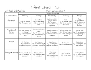 Monday
Monday
Monday
Monday Tuesday
Tuesday
Tuesday
Tuesday Wednesday
Wednesday
Wednesday
Wednesday Thursday
Thursday
Thursday
Thursday Friday
Friday
Friday
Friday
Language
Language
Language
Language
"H" is For Hammer
Obj: To lexplore tools
I Love Tools
Obj: To learn about
different types of
tools
Machines at Work
by Byron Barton
Obj: To explore
machines & the way
they move
Tools
(A lift the flap book)
Obj: To use and hear
new words
Tools
by Byron Barton
Obj: To listen to a
story & point to
pictures
Fingerplays &
Fingerplays &
Fingerplays &
Fingerplays &
Songs
Songs
Songs
Songs
"I've Been Working on
the Railroad"
Obj: To hear a familiar
song
"Construction Worker
Song"
Obj. To hear a song
and associate words to
actions
"Wheels on the Bus"
Obj: To coordinate
movements with words
in a song
"Hickory Dickory Dock"
Obj: To enjoy a song
and explore making new
sounds
"This Old Man"
Obj: To be exposed to
counting through a
fingerplay
Infant Lesson Plan
Infant Lesson Plan
Infant Lesson Plan
Infant Lesson Plan
Planned Activities
Planned Activities
Planned Activities
Planned Activities
Content Area
Content Area
Content Area
Content Area
Date: January, Week 4
Date: January, Week 4
Date: January, Week 4
Date: January, Week 4
Unit: Tools and Machines
Unit: Tools and Machines
Unit: Tools and Machines
Unit: Tools and Machines
song
actions
in a song sounds fingerplay
Motor
Motor
Motor
Motor My Tool Box
Obj: To increase
purposeful movements
How I Hammer
Obj: To imitate, copy &
respond to movements
Shape Sorter
Obj: To strengthen
hand-eye coordination
Pushing Cars
Obj: To imitate actions
Bicycle Legs
Obj: To strengthen legs
and muscles
Sensory & Science
Sensory & Science
Sensory & Science
Sensory & Science Painting With Brushes
Obj: To use a tool to
create art
Balls and Chutes
Obj: To explore cause
and effect
Discovering
Sandpaper
Obj: To explore new
textures
How Tall am I?
Obj: To use tools
Catching Bubbles
Obj: To explore bubbles
& their properties
 