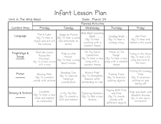 Monday
Monday
Monday
Monday Tuesday
Tuesday
Tuesday
Tuesday Wednesday
Wednesday
Wednesday
Wednesday Thursday
Thursday
Thursday
Thursday Friday
Friday
Friday
Friday
Language
Language
Language
Language "Pat-A-Cake"
Obj: To hear a
rhyme and act out
the motions
Giddy-Up Horsie
Obj: To hear a word
and anticipate an
action
Wild West Counting
Book
Obj: To hear
counting with a
western theme
Cowboy Small
Obj: To hear a
cowboy story
Yee-Haw!
Obj: To hear and
repeat a fun sound
Fingerplays &
Fingerplays &
Fingerplays &
Fingerplays &
Songs
Songs
Songs
Songs
"She'll Be Comin'
Round the
Mountain"
Obj" To imitate actions
with a song
"Ride a Little
Horsie"
Obj: To hear a song
about horses
"Oh, My Darlin'
Clementine
Obj: To hear a new
song with a
western theme
"Home on The
Range"
Obj: To hear a new
song with a western
theme
"Turkey In The Straw"
Obj: To hear a fun
song and move to
the music
Infant Lesson Plan
Infant Lesson Plan
Infant Lesson Plan
Infant Lesson Plan
Planned Activities
Planned Activities
Planned Activities
Planned Activities
Content Area
Content Area
Content Area
Content Area
Date: March 24
Date: March 24
Date: March 24
Date: March 24
Unit: In The Wild West
Unit: In The Wild West
Unit: In The Wild West
Unit: In The Wild West
with a song
about horses
western theme theme
the music
Motor
Motor
Motor
Motor Waving Hello
Obj: To connect
words with actions
Beanbag Toss
Obj: To improve
hand-eye
coordination
Bronco Ride!
Obj: To strengthen
balance while
pretending to ride
Pushing Trains
Obj: To practice
pushing objects
Putting On Cowboy
Hats
Obj: To practice
putting on and
taking off
Sensory & Science
Sensory & Science
Sensory & Science
Sensory & Science Cowbells!
Obj: To hear a new
noise and explore
an instrument
In My Tee-Pee
Obj: To create a
fort and explore
Exploring Feathers
Obj: To feel a new
texture
Playing With Pots
and Pans
Obj: To create
sounds with
different objects
Hide and Seek with
Western Animals
Obj: To test object
permanence
 
