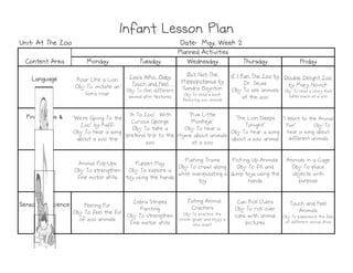 Monday
Monday
Monday
Monday Tuesday
Tuesday
Tuesday
Tuesday Wednesday
Wednesday
Wednesday
Wednesday Thursday
Thursday
Thursday
Thursday Friday
Friday
Friday
Friday
Language
Language
Language
Language Roar Like a Lion
Obj: To imitate an
lion's roar
Zoo's Who. Baby
Touch and Feel
Obj: To feel different
animal skin textures
But Not The
Hippopotamus by
Sandra Boynton
Obj: To read a book
featuring zoo animals
If I Ran The Zoo by
Dr. Seuss
Obj: To see animals
at the zoo
Double Delight Zoo
by Mary Novick
Obj: To read a story that
takes place at a zoo
Fingerplays &
Fingerplays &
Fingerplays &
Fingerplays &
Songs
Songs
Songs
Songs
"We're Going To the
Zoo" by Raffi
Obj: To hear a song
about a zoo trip
"A To Zoo" With
Curious George
Obj: To take a
pretend trip to the
zoo
"Five Little
Monkeys"
Obj: To hear a
rhyme about animals
at a zoo
"The Lion Sleeps
Tonight"
Obj: To hear a song
about a zoo animal
"I Went to the Animal
Fair" Obj: To
hear a song about
different animals
Infant Lesson Plan
Infant Lesson Plan
Infant Lesson Plan
Infant Lesson Plan
Planned Activities
Planned Activities
Planned Activities
Planned Activities
Content Area
Content Area
Content Area
Content Area
Date: May, Week 2
Date: May, Week 2
Date: May, Week 2
Date: May, Week 2
Unit: At The Zoo
Unit: At The Zoo
Unit: At The Zoo
Unit: At The Zoo
about a zoo trip
zoo at a zoo
about a zoo animal different animals
Motor
Motor
Motor
Motor Animal Pop-Ups
Obj: To strengthen
fine motor skills
Puppet Play
Obj: To explore a
toy using the hands
Pushing Trains
Obj: To crawl along
while manipulating a
toy
Picking Up Animals
Obj: To fill and
dump toys using the
hands
Animals in a Cage
Obj: To place
objects with
purpose
Sensory & Science
Sensory & Science
Sensory & Science
Sensory & Science Feeling Fur
Obj: To feel the fur
of zoo animals
Zebra Stripes
Painting
Obj: To strengthen
fine motor skills
Eating Animal
Crackers
Obj: To practice the
pincer grasp and enjoy a
new snack
Can Roll Overs
Obj: To roll over
cans with animal
pictures
Touch and Feel
Animals
Obj: To experience the feel
of different animal skins
 