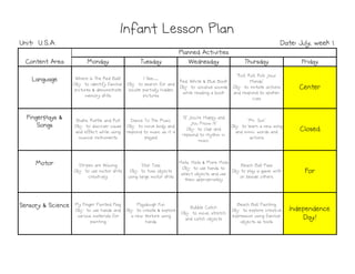 Monday
Monday
Monday
Monday Tuesday
Tuesday
Tuesday
Tuesday Wednesday
Wednesday
Wednesday
Wednesday Thursday
Thursday
Thursday
Thursday Friday
Friday
Friday
Friday
Language
Language
Language
Language Where Is The Red Ball?
Obj: to identify familiar
pictures & demonstrate
memory skills
I See…
Obj: to search for and
locate partially hidden
pictures
Red, White & Blue Book
Obj: to vocalize sounds
while reading a book
"Roll, Roll, Roll Your
Hands"
Obj: to imitate actions
and respond to spoken
cues
Center
Center
Center
Center
Fingerplays &
Fingerplays &
Fingerplays &
Fingerplays &
Songs
Songs
Songs
Songs
Shake, Rattle and Roll
Obj: to discover cause
and effect while using
musical instruments
Dance To The Music
Obj: to move body and
respond to music as it is
played
"If You're Happy and
You Know It"
Obj: to clap and
repsond to rhythm in
music
"Mr. Sun"
Obj: to learn a new song
and mimic words and
actions
Closed
Closed
Closed
Closed
Motor
Motor
Motor
Motor Stripes are Waving
Obj: to use motor skills
creatively
Star Toss
Obj: to toss objects
using large motor skills
Hats, Hats & More Hats
Obj: to use hands to
select objects and use
them appropriately
Beach Ball Pass
Obj: to play a game with
or beside others
For
For
For
For
Sensory & Science
Sensory & Science
Sensory & Science
Sensory & Science My Finger Painted Flag
Obj: to use hands and
various materials for
painting
Playdough Fun
Obj: to create & explore
a new texture using
hands
Bubble Catch
Obj: to move, stretch
and catch objects
Beach Ball Painting
Obj: to explore creative
expression using familiar
objects as tools
Independence
Independence
Independence
Independence
Day!
Day!
Day!
Day!
Infant Lesson Plan
Infant Lesson Plan
Infant Lesson Plan
Infant Lesson Plan
Unit: U.S.A.
Unit: U.S.A.
Unit: U.S.A.
Unit: U.S.A. Date: July, week 1
Date: July, week 1
Date: July, week 1
Date: July, week 1
Content Area
Content Area
Content Area
Content Area
Planned Activities
Planned Activities
Planned Activities
Planned Activities
 