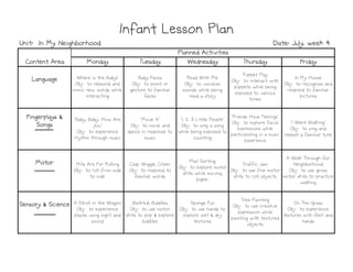 Monday
Monday
Monday
Monday Tuesday
Tuesday
Tuesday
Tuesday Wednesday
Wednesday
Wednesday
Wednesday Thursday
Thursday
Thursday
Thursday Friday
Friday
Friday
Friday
Language
Language
Language
Language Where is the Baby?
Obj: to repsond and
mimic new words while
interacting
Baby Faces
Obj: to point or
gesture to familiar
faces
Read With Me
Obj: to vocalize
sounds while being
read a story
Puppet Play
Obj: to interact with
puppets while being
exposed to various
tones
In My House
Obj: to recognize and
respond to familiar
pictures
Fingerplays &
Fingerplays &
Fingerplays &
Fingerplays &
Songs
Songs
Songs
Songs
"Baby, Baby, How Are
You"
Obj: to experience
rhythm through music
"Move It"
Obj: to move and
dance in response to
music
"1, 2 ,3 Little People"
Obj: to sing a song
while being exposed to
counting
"Friends Have Feelings"
Obj: to explore facial
expressions while
participating in a music
experience
"I Went Walking"
Obj: to sing and
repeat a familiar tune
Infant Lesson Plan
Infant Lesson Plan
Infant Lesson Plan
Infant Lesson Plan
Planned Activities
Planned Activities
Planned Activities
Planned Activities
Content Area
Content Area
Content Area
Content Area
Date: July, week 4
Date: July, week 4
Date: July, week 4
Date: July, week 4
Unit: In My Neighborhood
Unit: In My Neighborhood
Unit: In My Neighborhood
Unit: In My Neighborhood
rhythm through music music counting experience
Motor
Motor
Motor
Motor Hills Are For Rolling
Obj: to roll from side
to side
Clap, Wiggle, Cheer
Obj: to respond to
familiar words
Mail Sorting
Obj: to explore motor
skills while moving
paper
Traffic Jam
Obj: to use fine motor
skills to roll objects
A Walk Through Our
Neighborhood
Obj: to use gross
motor skills to practice
walking
Sensory & Science
Sensory & Science
Sensory & Science
Sensory & Science A Stroll in the Wagon
Obj: to experience
places using sight and
sound
Bathtub Bubbles
Obj: to use motor
skills to pop & explore
bubbles
Sponge Fun
Obj: to use hands to
explore wet & dry
textures
Tree Painting
Obj: to use creative
expression while
painting with textured
objects
On The Grass
Obj: to experience
textures with feet and
hands
 