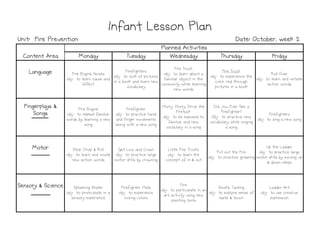 Monday
Monday
Monday
Monday Tuesday
Tuesday
Tuesday
Tuesday Wednesday
Wednesday
Wednesday
Wednesday Thursday
Thursday
Thursday
Thursday Friday
Friday
Friday
Friday
Language
Language
Language
Language Fire Engine Noises
obj: to learn cause and
effect
Firefighters
obj: to look at pictures
in a book and learn new
vocabulary
Fire Truck
obj: to learn about a
familiar object in the
community while learning
new words
Fire Truck
obj: to experience the
color red through
pictures in a book
Roll Over
obj: to learn and imitate
action words
Fingerplays &
Fingerplays &
Fingerplays &
Fingerplays &
Songs
Songs
Songs
Songs
Fire Engine
obj: to repeat familiar
words by learning a new
song
Firefighter
obj: to practice hand
and finger movements
along with a new song
Hurry, Hurry, Drive the
Firetuck
obj: to be exposed to
familiar and new
vocbulary in a song
Did You Ever See a
Firefighter?
Obj: to practice new
vocabulary while singing
a song
Firefighters
obj: to sing a new song
Infant Lesson Plan
Infant Lesson Plan
Infant Lesson Plan
Infant Lesson Plan
Planned Activities
Planned Activities
Planned Activities
Planned Activities
Content Area
Content Area
Content Area
Content Area
Date: October, week 2
Date: October, week 2
Date: October, week 2
Date: October, week 2
Unit: Fire Prevention
Unit: Fire Prevention
Unit: Fire Prevention
Unit: Fire Prevention
song along with a new song
vocbulary in a song a song
Motor
Motor
Motor
Motor Stop, Drop & Roll
obj: to learn and imiate
new action words
Get Low and Crawl
obj: to practice large
motor skills by crawling
Little Fire Trucks
obj: to learn the
concept of in & out
Put out the Fire
obj: to practice grasping
Up the Ladder
obj: to practice large
motor skills by moving up
& down steps
Sensory & Science
Sensory & Science
Sensory & Science
Sensory & Science Splashing Water
obj: to praticipate in a
sensory experience
Firefighter Hats
obj: to experience
mixing colors
Fire
obj: to participate in an
art activity using new
painting tools
Smoke Tasting
obj: to explore sense of
taste & touch
Ladder Art
obj: to use creative
expression
 