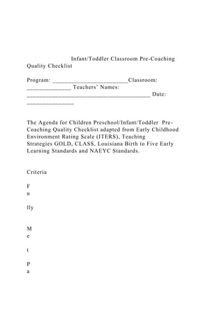 Infant/Toddler Classroom Pre-Coaching
Quality Checklist
Program: ________________________Classroom:
______________ Teachers’ Names:
_______________________________________ Date:
_______________
The Agenda for Children Preschool/Infant/Toddler Pre-
Coaching Quality Checklist adapted from Early Childhood
Environment Rating Scale (ITERS), Teaching
Strategies GOLD, CLASS, Louisiana Birth to Five Early
Learning Standards and NAEYC Standards.
Criteria
F
u
lly
M
e
t
P
a
 