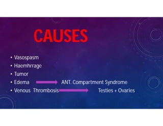 • Vasospasm
• Haemhrrage
• Tumor
• Edema ANT. Compartment Syndrome
• Venous Thrombosis Testies + Ovaries
CAUSES
 