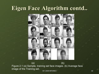 Eigen Face Algorithm contd.. (a)  (b) Figure 2.1 (a) Sample, training set face images. (b) Average face image of the Training set. 