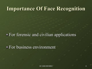 For forensic and civilian applications For business environment Importance Of Face Recognition 