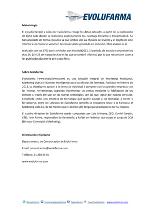 @evolufarma /company/evolufarma /evolufarma /user/evolufarma www.evolufarma.com
Metodología
El estudio llevado a cabo por Evolufarma recoge los datos extraídos a partir de la publicación
de 6052 tuits donde se menciona explícitamente los hashtags #infarma e #infarma2015. Se
han analizado de forma conjunta ya que ambos son los oficiales del evento y el objeto de este
informe es recopilar el volumen de conversación generado en el mismo. Otro análisis es el
realizado con los 3702 posts emitidos con #tuitkdd2015. El período de estudio comprende los
días 24, 25 y 26 de marzo (fechas en las que se celebró Infarma), por lo que no toma en cuenta
los publicados durante la pre y post feria.
Sobre Evolufarma
Evolufarma (www.evolufarma.com) es una solución Integral de Marketing Multicanal,
Marketing Digital y Business Intelligence para las oficinas de farmacia. Fundada en febrero de
2013, su objetivo es ayudar a la farmacia individual a competir con las grandes empresas con
las mismas herramientas, logrando incrementar las ventas mediante la fidelización de los
clientes a través del uso de las nuevas tecnologías con las que lograr dar nuevos servicios.
Concebida como una empresa de tecnología que quiere ayudar a las farmacias a crecer y
fortalecerse, entre los servicios de Evolufarma también se encuentra llevar a la Farmacia el
Marketing web 2.0, de tal manera que el cliente sólo tenga que preocuparse por su negocio.
El cuadro directivo de Evolufarma queda compuesto por Luis Arimany, CEO; Daniel Garzón,
CTO; Iván Rivera, responsable de Desarrollo, y Rafael de Federico, que ocupa el cargo de CCO
(Director Comercial y Marketing).
Información y Contacto
Departamento de Comunicación de Evolufarma
Email: comunicacion@evolufarma.com
Teléfono: 91 230 34 35
www.evolufarma.com
 