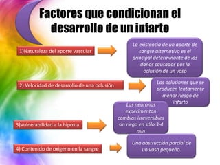 Factores que condicionan el
            desarrollo de un infarto
                                                    La existencia de un aporte de
 1)Naturaleza del aporte vascular                      sangre alternativo es el
                                                    principal determinante de los
                                                        daños causados por la
                                                         oclusión de un vaso

                                                              Las oclusiones que se
 2) Velocidad de desarrollo de una oclusión
                                                              producen lentamente
                                                                menor riesgo de
                                                 Las neuronas        infarto
                                                  experimentan
                                              cambios irreversibles
3)Vulnerabilidad a la hipoxia                 sin riego en sólo 3-4
                                                       min

                                                    Una obstrucción parcial de
4) Contenido de oxigeno en la sangre                    un vaso pequeño.
 