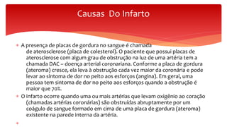 ∗ A presença de placas de gordura no sangue é chamada
de aterosclerose (placa de colesterol). O paciente que possui placas de
aterosclerose com algum grau de obstrução na luz de uma artéria tem a
chamada DAC – doença arterial coronariana. Conforme a placa de gordura
(ateroma) cresce, ela leva à obstrução cada vez maior da coronária e pode
levar ao sintoma de dor no peito aos esforços (angina). Em geral, uma
pessoa tem sintoma de dor no peito aos esforços quando a obstrução é
maior que 70%.
∗ O infarto ocorre quando uma ou mais artérias que levam oxigênio ao coração
(chamadas artérias coronárias) são obstruídas abruptamente por um
coágulo de sangue formado em cima de uma placa de gordura (ateroma)
existente na parede interna da artéria.
∗
Causas Do Infarto
 