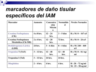 marcadores de daño tisular específicos del IAM   H : 28 – 72 ng/ml M:  25 – 58 ng/ml 4 hrs.  4 hrs.  2 – 4 hrs.  Mioglobina   24 hrs.  24 hrs.  3 – 12 hrs. Troponina I (TnI) H y M: 0 – 0.1 ng/ml 12 – 48 hrs. 12 – 48 hrs.  3 – 12 hrs.  Troponina  T (TnT) H y M: 240 – 460 u/l 8 – 4 días 3 – 6 días  24 hrs.  Deshidrogenasa Láctica  (LDH) H y M: 0 – 24 u/l 72 hrs.  12 – 20 hrs.  2 a 4 hrs.  Creatina Fosfoquinasa Metabólica (CK-MB) H y M: 0 – 167 u/l 3 – 5 días 12 – 24 hrs.  4 a 8 hrs. Creatina  Fosfoquinasa   (CK) Niveles Normales Normalidad  Concentración Máxima Aumento  Marcador  