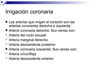 Irrigación coronaria Las arterias que irrigan el corazón son las arterias coronarias derecha e izquierda Arteria coronaria derecha: Sus ramas son:  Arteria del nodo sinusal Arteria marginal derecha Arteria descendente posterior Arteria coronaria izquierda: Sus ramas son:  Arteria circunfleja  Arteria descendente anterior 