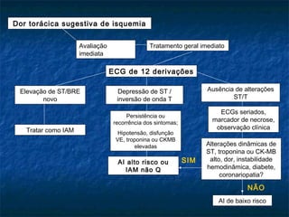 Dor torácica sugestiva de isquemia
Avaliação
imediata
Tratamento geral imediato
ECG de 12 derivações
Elevação de ST/BRE
novo
Depressão de ST /
inversão de onda T
Ausência de alterações
ST/T
Tratar como IAM
Persistência ou
recorrência dos sintomas;
Hipotensão, disfunção
VE, troponina ou CKMB
elevadas
AI alto risco ou
IAM não Q
ECGs seriados,
marcador de necrose,
observação clínica
Alterações dinâmicas de
ST, troponina ou CK-MB
alto, dor, instabilidade
hemodinâmica, diabete,
coronariopatia?
AI de baixo risco
NÃO
SIM
 