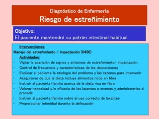 Diagnóstico de Enfermería
Riesgo de estreñimiento
Intervenciones:
Manejo del estreñimiento / impactación (0450)
Actividades:
• Vigilar la aparición de signos y síntomas de estreñimiento/ impactación
• Control de frecuencia y características de las deposiciones
• Explicar al paciente la etiología del problema y las razones para intervenir
• Asegurarse de que la dieta incluye alimentos ricos en fibra
• Instruir al paciente/familia acerca de la dieta rica en fibra
• Valorar necesidad y/o eficacia de los laxantes o enemas y administrarlos si
procede
• Instruir al paciente/familia sobre el uso correcto de laxantes
• Proporcionar intimidad durante la defecación
Objetivo:
El paciente mantendrá su patrón intestinal habitual
 