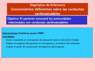 Diagnóstico de Enfermería
Conocimientos deficientes sobre las conductas
cardiosaludables
Intervenciones: Enseñanza: grupos (5604)
Actividades:
Incluir al paciente en el programa de educación para la salud de la Unidad
Evaluar el progreso del paciente en el programa y el dominio del contenido
Evaluar el grado de consecución de objetivos del programa
Objetivo: El paciente conocerá los autocuidados
relacionados con conductas cardiosaludables
 