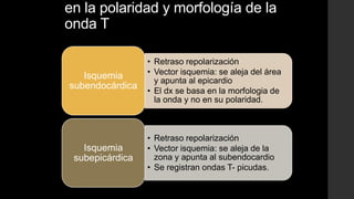 en la polaridad y morfología de la
onda T
• Retraso repolarización
• Vector isquemia: se aleja del área
y apunta al epicardio
• El dx se basa en la morfologia de
la onda y no en su polaridad.
Isquemia
subendocárdica
• Retraso repolarización
• Vector isquemia: se aleja de la
zona y apunta al subendocardio
• Se registran ondas T- picudas.
Isquemia
subepicárdica
 