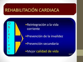 •Reintegración a la vida
corriente
•Prevención de la invalidez
•Prevención secundaria
•Mejor calidad de vida
REHABILITACIÓN CARDIACA
O
b
j
e
t
i
v
o
s DICG
 