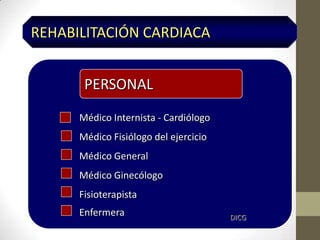 REHABILITACIÓN CARDIACA
PERSONAL
Médico Internista - Cardiólogo
Médico Fisiólogo del ejercicio
Médico General
Médico Ginecólogo
Fisioterapista
Enfermera DICG
 