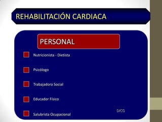 REHABILITACIÓN CARDIACA
PERSONAL
Nutricionista - Dietista
Psicólogo
Trabajadora Social
Educador Físico
Salubrista Ocupacional
DICG
 