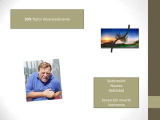 50% factor desencadenante
Sudoración
Nausea
Debilidad
Sensación muerte
inminente
 