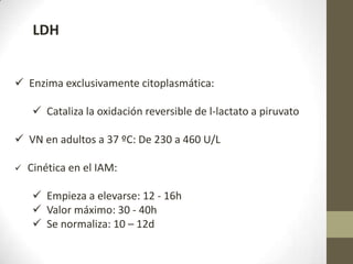 LDH
 Enzima exclusivamente citoplasmática:
 Cataliza la oxidación reversible de l-lactato a piruvato
 VN en adultos a 37 ºC: De 230 a 460 U/L
 Cinética en el IAM:
 Empieza a elevarse: 12 - 16h
 Valor máximo: 30 - 40h
 Se normaliza: 10 – 12d
 