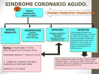 SINDROME CORONARIO AGUDO.
Reposo.
Oxigenación.
Aliviar el dolor.
1
PRIMER PRINCIPIO TERAPÉUTICO
•No deambular
•Medios diagnósticos
hacia el paciente.
• Mascara o cateter.
• Flujo 6 Litros x min.
• Saturación 95 – 100 %
Indicación inmediata si:
• Dolor intenso y diaforesis.
• Insuficiencia Cardíaca.
• Anciedad Extrema.
REPOSO
ABSOLUTO
OXIGENACIÓN OPIACEOS NITRATOS
Morfina: 3 mg EV cada 5 –10 min.
Diluir 10 mg en 9 ml o 20 mg en 19 ml.
Incrementar dosis de 2 – 8 mg c/5- 15 min
 Cuidado por se depresor del centro
Respiratorio, en dado caso utilizar:
Naloxona: 0.1- 0.2 mg IV
Usar en infusión para mejorar el dolor y aliviar el trabajo
cardíaco, dosis 5 – 10 mg / min. Diluir 10 mg en 500
ml de Sol. Salina 0.9 % infusión IV, Su manejo debe estar
Supervisado por el control de la TA.
Uso sublingual siempre que
la intensidad del dolor lo permita.
Se indica con TA sistólica > 90 y
ausencia de datos de disfuncion
ventricular. Repetir dosis cada 5
minutos. Si no hay alivio, no
demorar el uso de opiáceos y
seguir con Nitroglicerina en
infusión si tiene.
Mantener
saturación entre
95 y 100 %.
Flujo 3 litros/min.
Indicación Inmediata si:
Dolor Intenso y
Diaforesis.
Insuficiencia Cardiaca.
Ansiedad extrema.
 