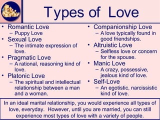 Types of Love
• Romantic Love                      • Companionship Love
  – Puppy Love                          – A love typically found in
• Sexual Love                             good friendships.
  – The intimate expression of       • Altruistic Love
    love.                               – Selfless love or concern
• Pragmatic Love                          for the spouse.
  – A rational, reasoning kind of    • Manic Love
    love.                               – A crazy, possessive,
• Platonic Love                           jealous kind of love.
  – The spiritual and intellectual   • Self-Love
    relationship between a man          – An egotistic, narcissistic
    and a woman.                          kind of love.
In an ideal marital relationship, you would experience all types of
  love, everyday. However, until you are married, you can still
     experience most types of love with a variety of people.
 