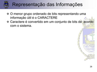 ❖ O menor grupo ordenado de bits representando uma
informação útil é o CARACTERE
❖ Caractere é convertido em um conjunto de bits de acordo
com o sistema.
Representação das Informações
28
 