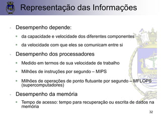 ▪ Desempenho depende:
▪ da capacidade e velocidade dos diferentes componentes
▪ da velocidade com que eles se comunicam entre si
▪ Desempenho dos processadores
▪ Medido em termos de sua velocidade de trabalho
▪ Milhões de instruções por segundo – MIPS
▪ Milhões de operações de ponto flutuante por segundo – MFLOPS
(supercomputadores)
▪ Desempenho da memória
▪ Tempo de acesso: tempo para recuperação ou escrita de dados na
memória
Representação das Informações
32
 