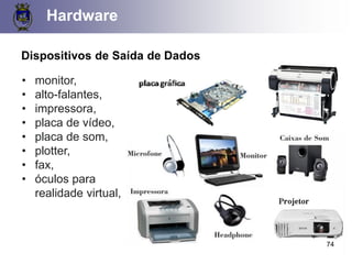 Hardware
Dispositivos de Saída de Dados
• monitor,
• alto-falantes,
• impressora,
• placa de vídeo,
• placa de som,
• plotter,
• fax,
• óculos para
realidade virtual,
74
 